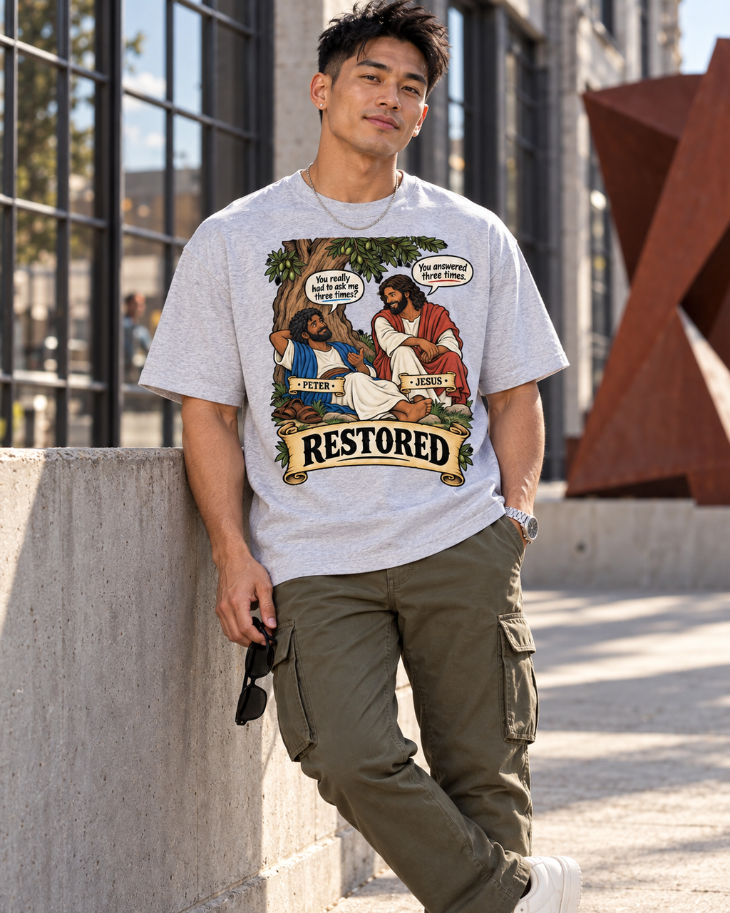 Adult,Restored,Christian,Faith,Apparel,Peter,Jesus,Scripture,John,21,Oversized,Shirt,cotton,face,to,Face