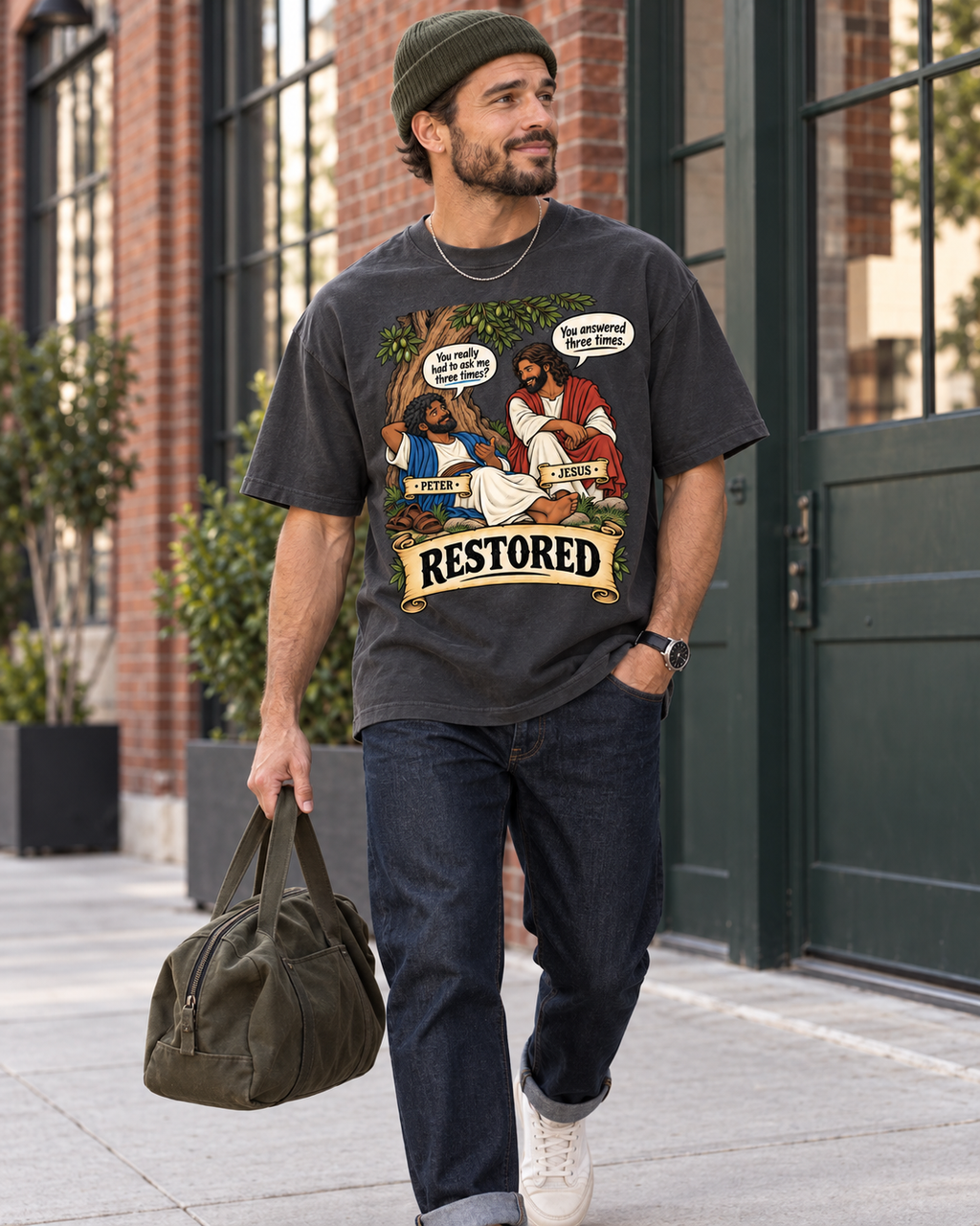 Adult,Restored,Christian,Faith,Apparel,Peter,Jesus,Scripture,John,21,Oversized,Shirt,cotton,face,to,Face
